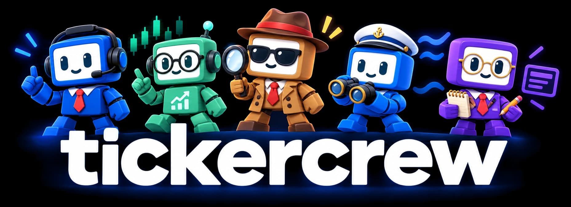TickerCrew: the Desk Chief, Chartist, Detective, Whale Watcher and Newshound robots